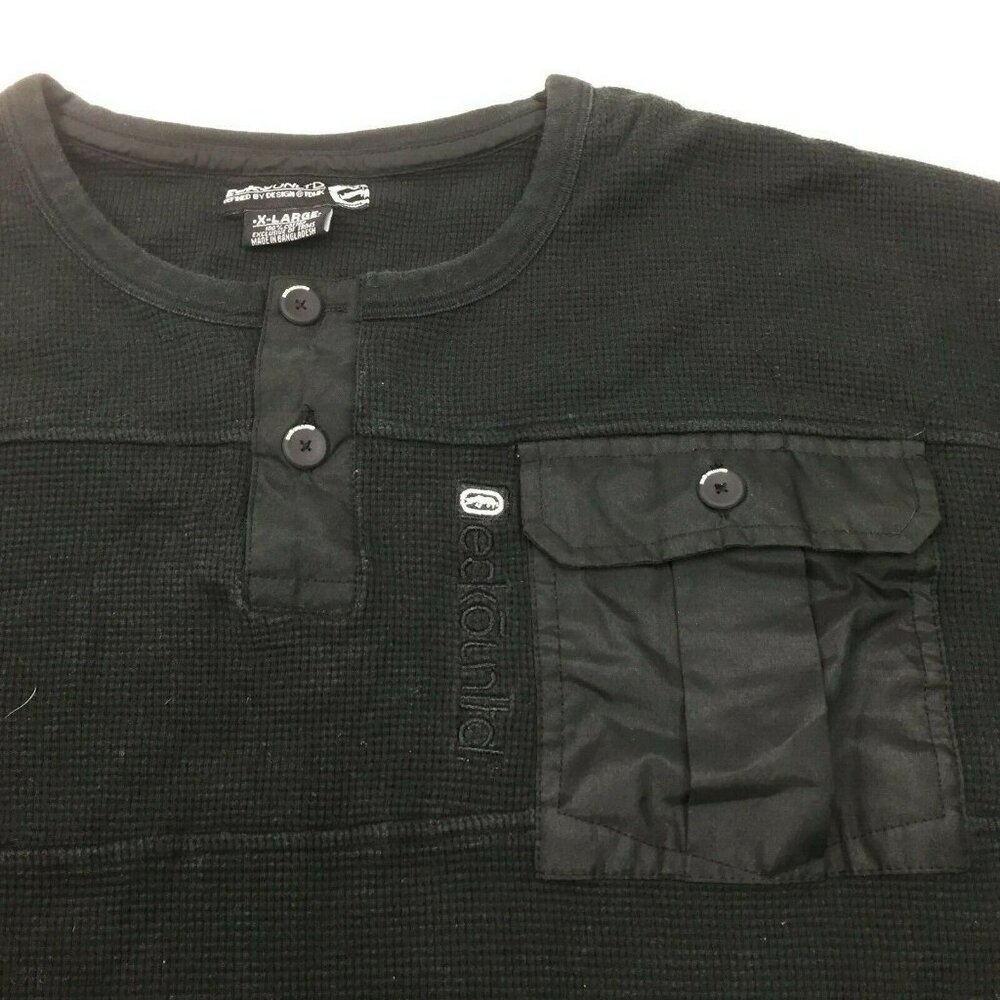 Ecko Unltd Mens Black Waffle Knit Long Sleeve Henley Shirt Pocket Size XL